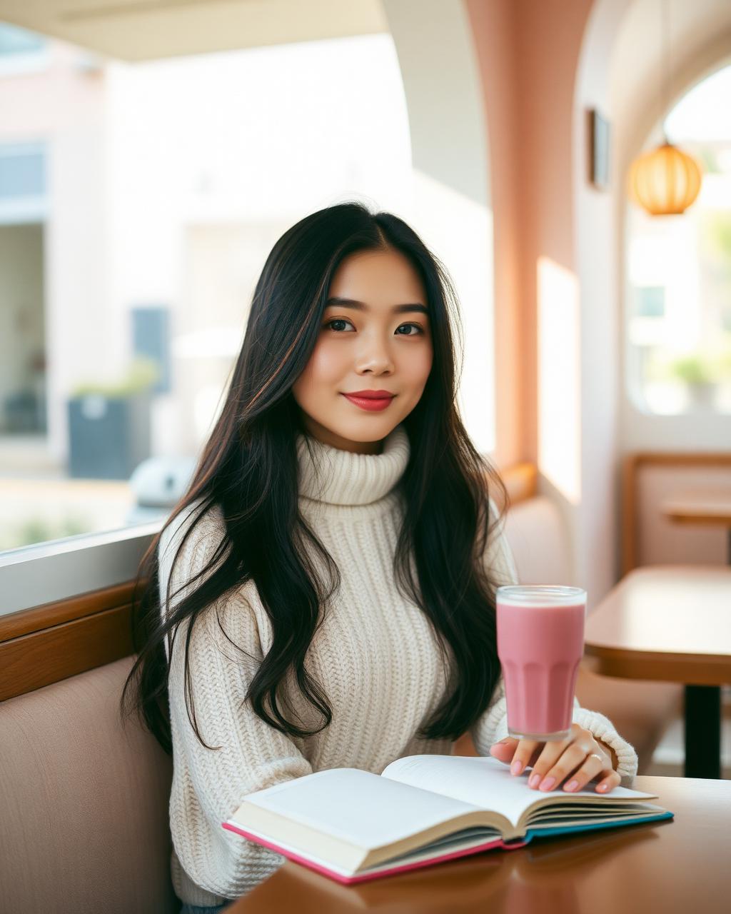 Kalley, studying at a café window